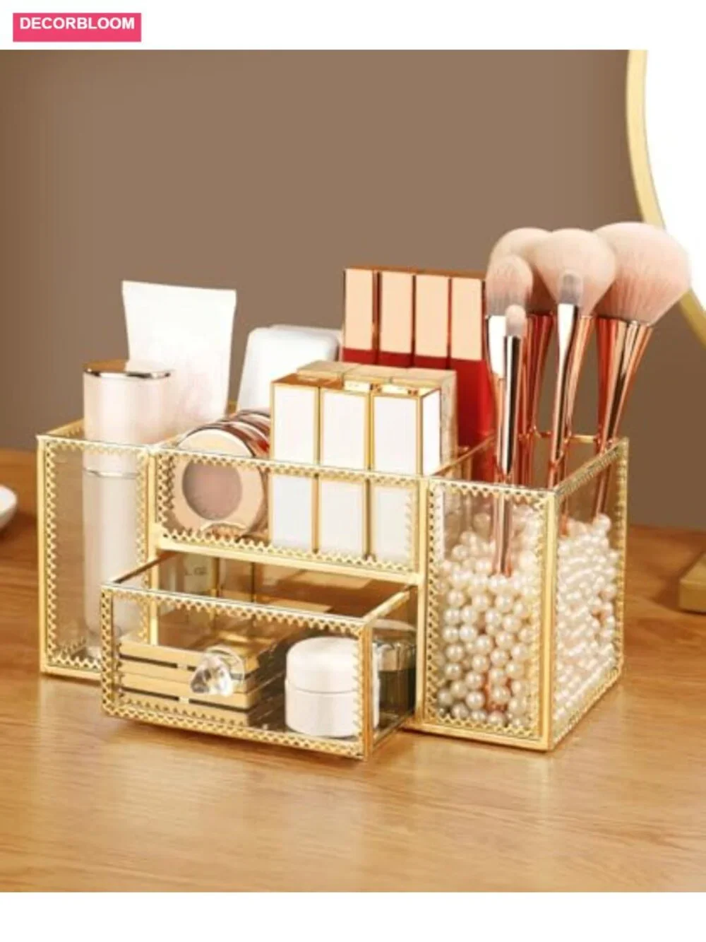 Gold Makeup Brush Holder Cosmetic Organizer Display Case Skincare Storage
